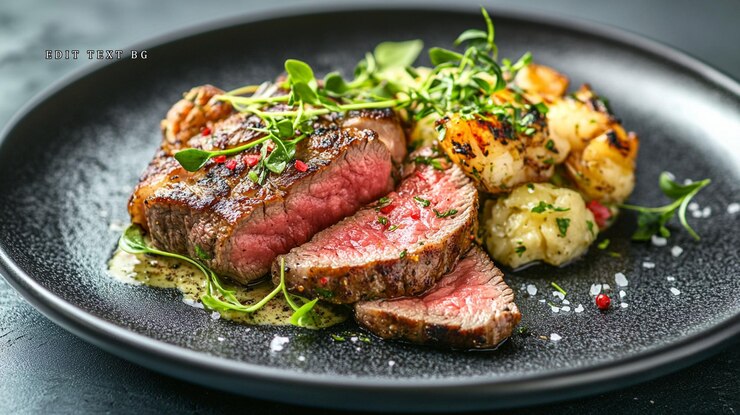 PSD bistecca alla griglia a fette con patate arrostite e salsa di erbe su un piatto scuro