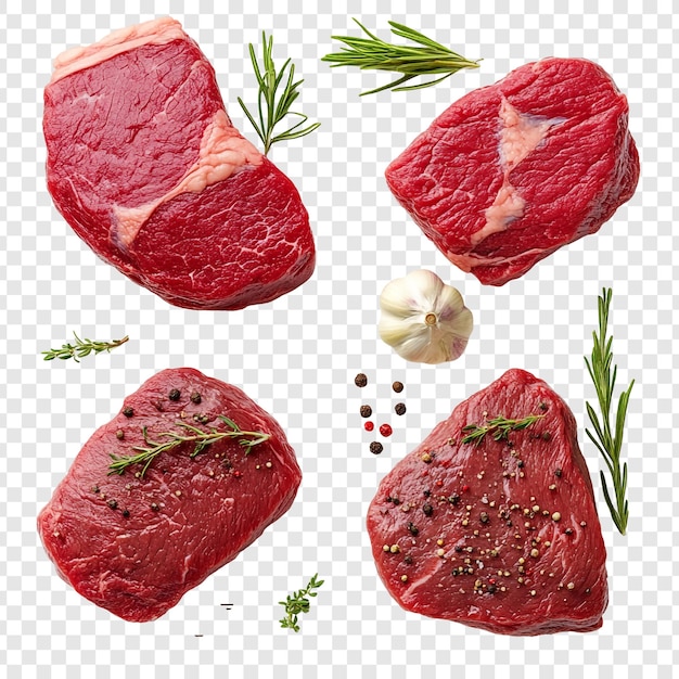 bistecs de carne cruda con especias y hierbas