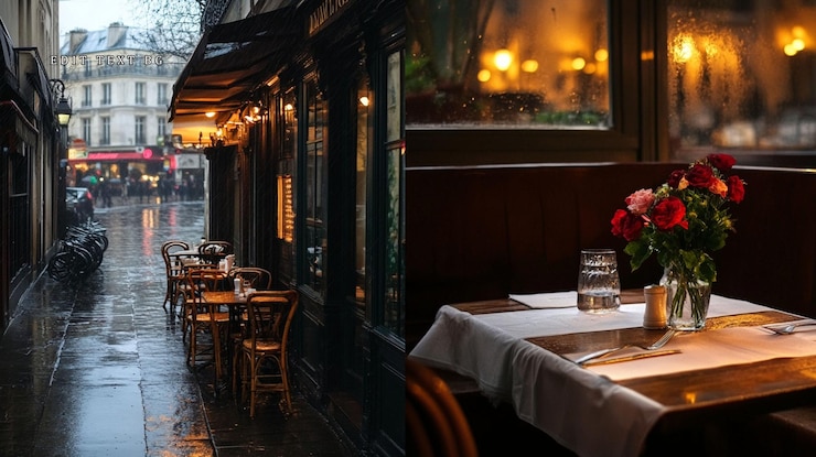 PSD bistro parigino, giorno di pioggia, cena romantica, posti a sedere all'aperto, interno accogliente.
