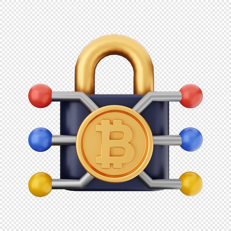 PSD bitcoin 3d con icono de candado ilustración
