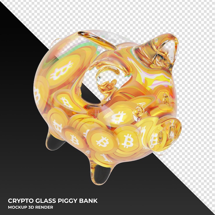 PSD bitcoin btc glass alcancía con crypto monedas ilustración 3d