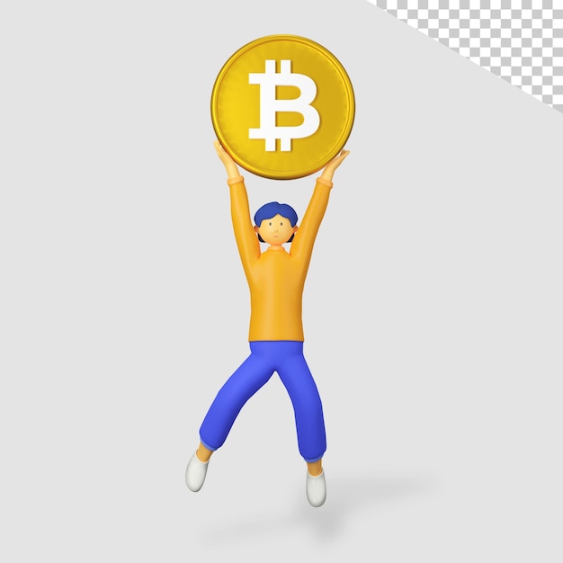 bitcoin élevé de personnage masculin 3d