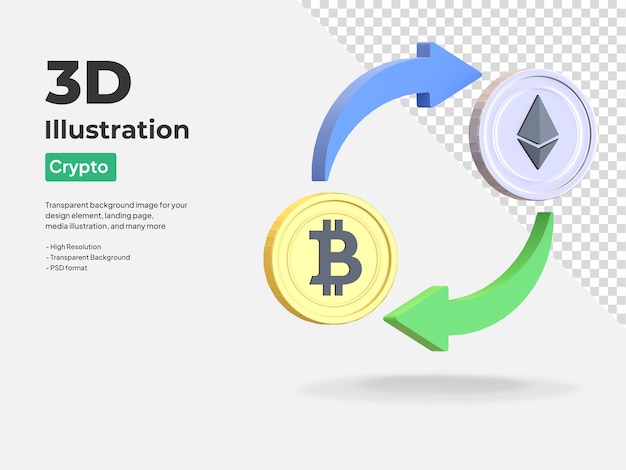 Bitcoin a ethereum swap icon cryptocurrency conversión símbolo 3d render ilustración