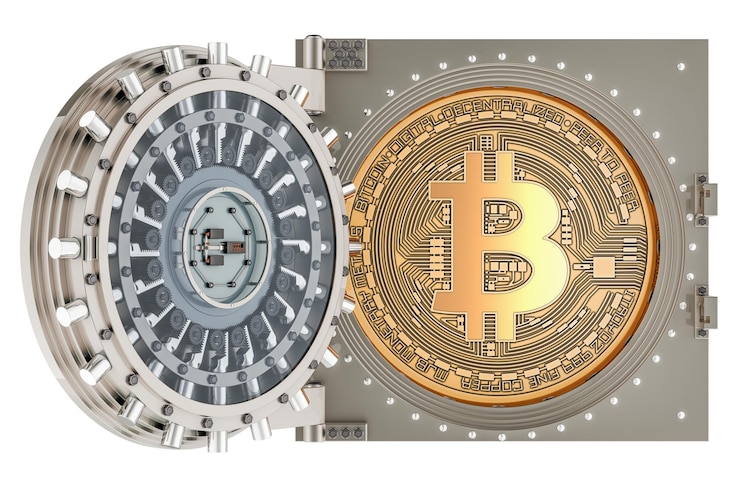 PSD bitcoin innerhalb des geöffneten bankgeheges 3d-rendering isoliert auf durchsichtigem hintergrund