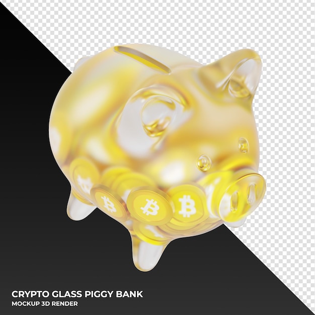 Bitcoin sv bsv sparschwein aus glas mit kryptomünzen 3d-darstellung