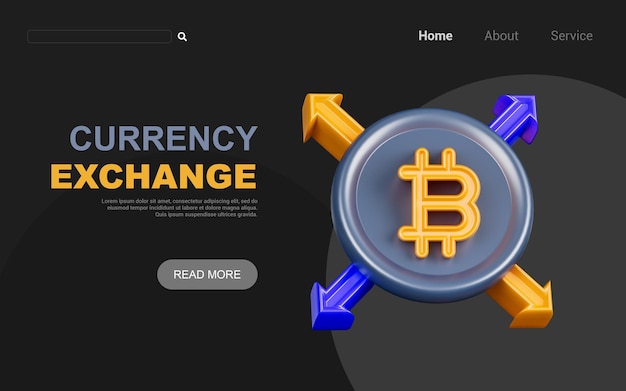 Bitcoin-zeichen mit pfeil auf dunklem hintergrund 3d-renderkonzept für kryptowährungsaustausch