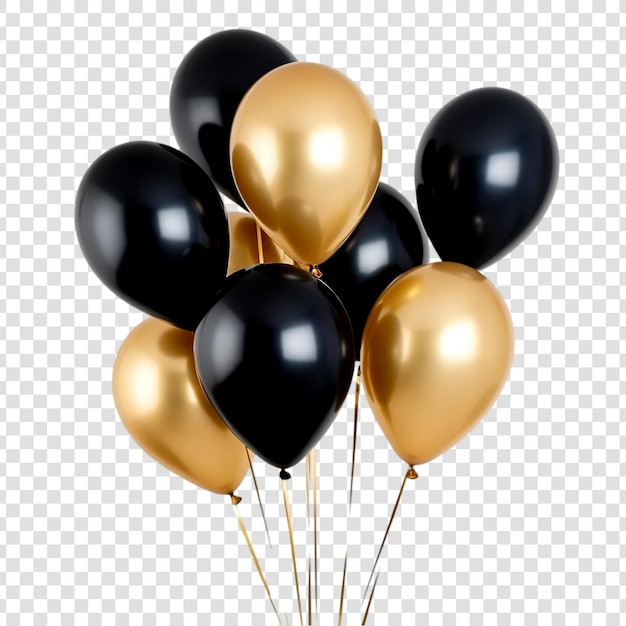 Black and gold balloons clustered together for a festive occasion on a transparent background