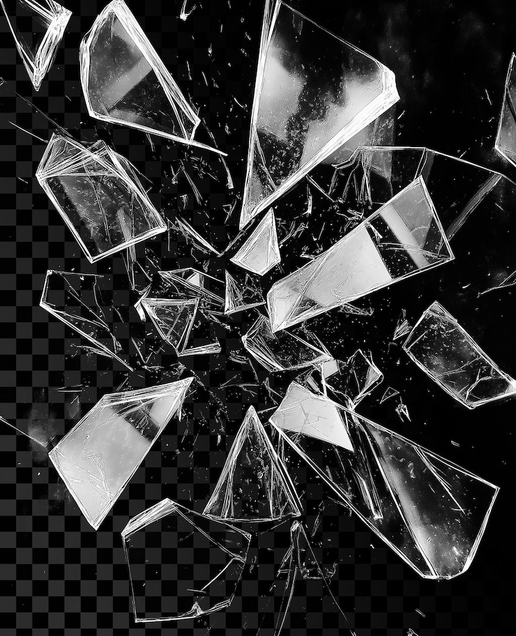 PSD black and white shattered glass symbolizing escape from inner peace on transparent background
