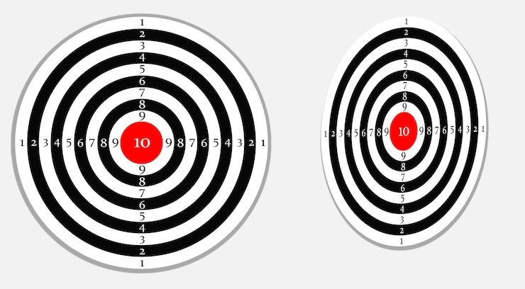 PSD black and white shooting targets with red bullseye round and oval target board isolated on white