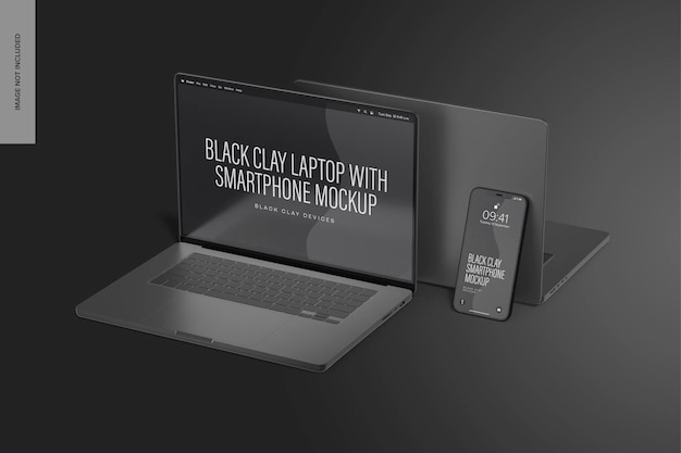 PSD black clay laptop pro avec maquette de smartphone, vue latérale