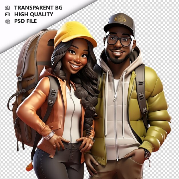 PSD black couple camping 3d estilo de dibujos animados con fondo blanco es