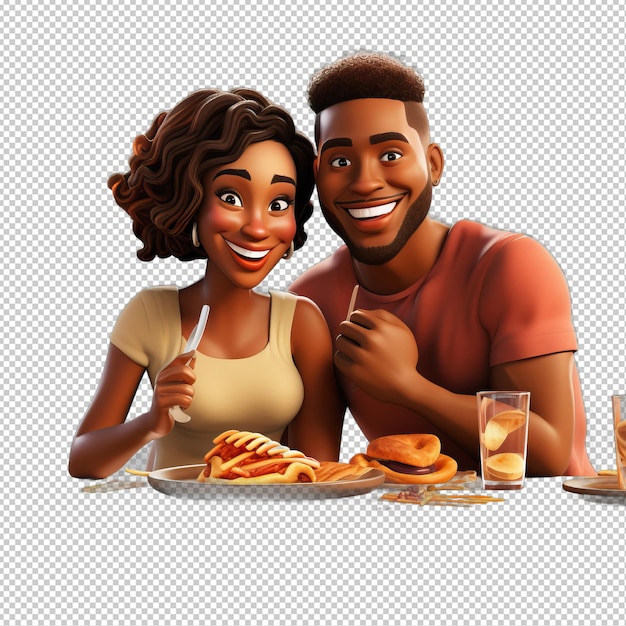 Black couple dining 3d cartoon-stil durchsichtiger hintergrund iso