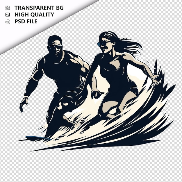 PSD black couple surfing flat icon estilo de fundo branco iso