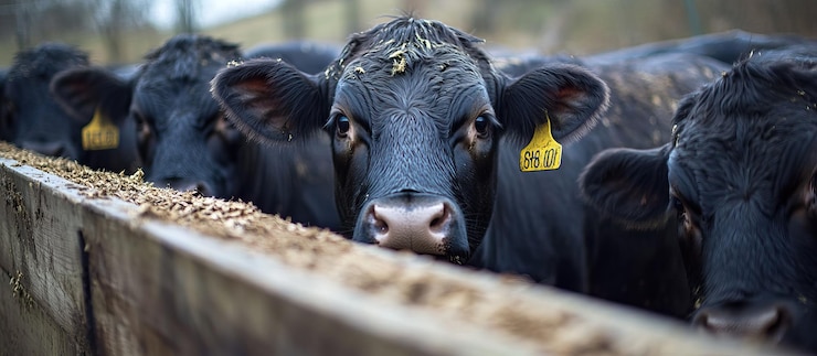 PSD black cows eating from a wooden trough