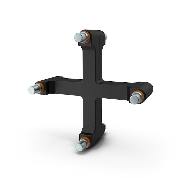 PSD black cross-shaped metal component with cylindrical attachments