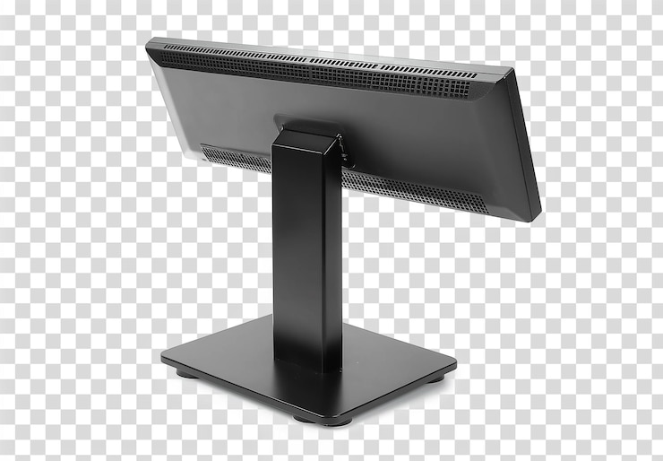 PSD black desk monitor stand with metal base side view on transparent background