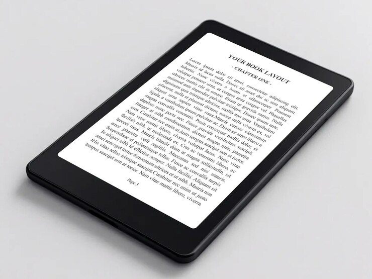 Black EBook Reader MockUp su sfondo grigio