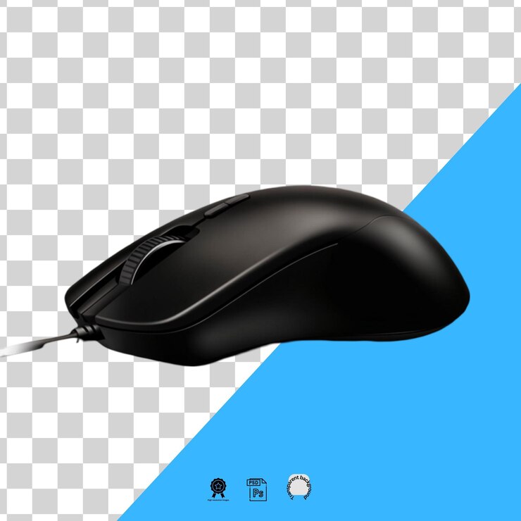 PSD black ergonomic mouse design a white transparent background
