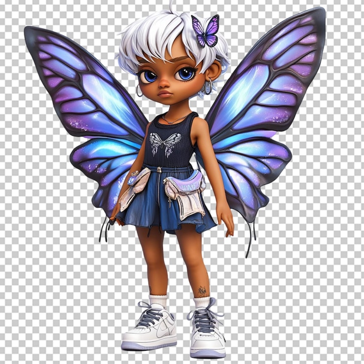 PSD black fairy character png with butterfly wing on transparent background