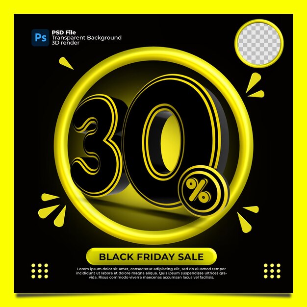 PSD black friday 30% de desconto na venda 3d render com a cor amarela