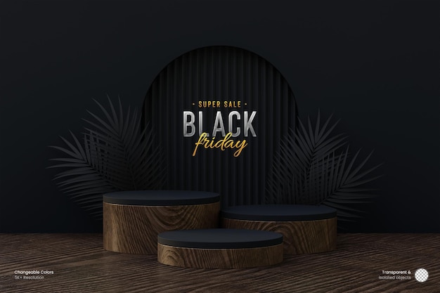 Black friday 3d pódio de madeira para exibição de produtos com folhas de palmeira preta em fundo escuro