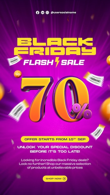 Black Friday 70 Flash Sale Social Media-Geschichte mit bearbeitbarem Texteffekt