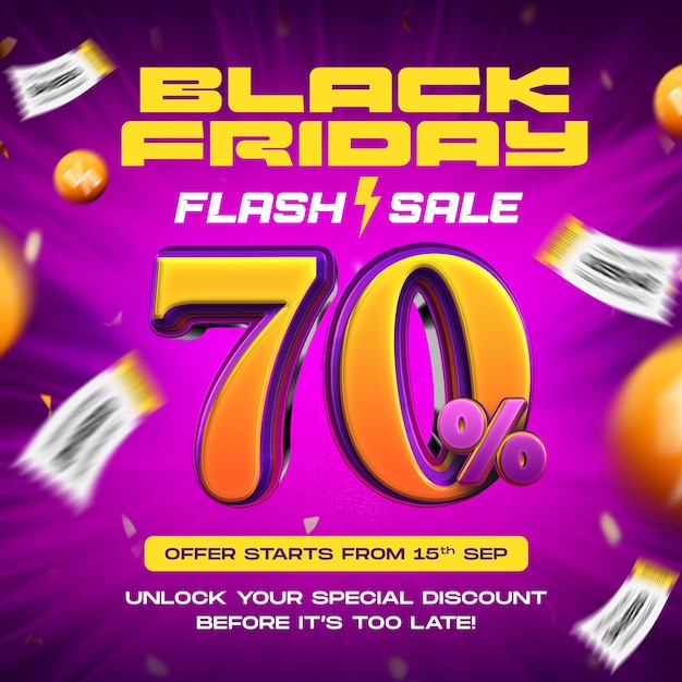 Black Friday 70 Flash Sale Social Media Post mit bearbeitbarem Texteffekt