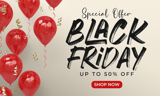 PSD black friday-banner-vorlage mit 3d-rendering-ballons