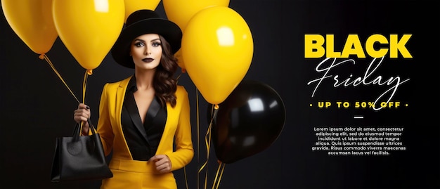 Black Friday-Bannervorlage mit einer schwarz gekleideten Frau mit Luftballons und Kopierraum