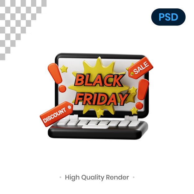 Black Friday Laptop 3D Render Ilustración PSD Premium