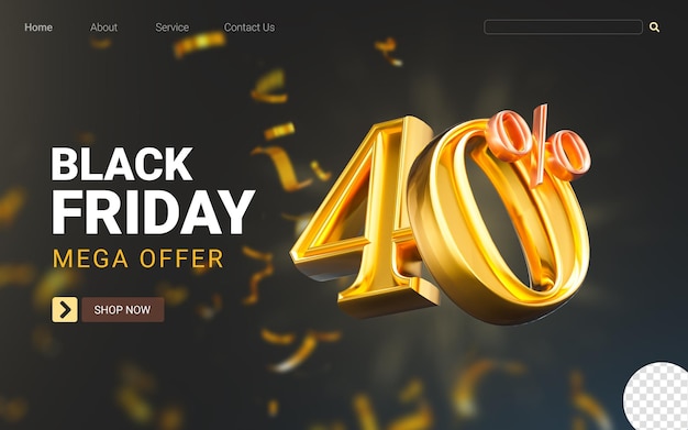 PSD black friday mega oferece 40% de desconto com conceito de renderização 3d de confete dourado para grandes compras