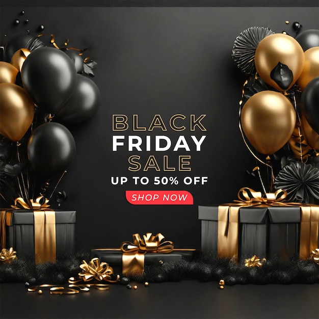 Black Friday Offer Social Media Instagram Post Banner con scatola regalo realistica e palloncini