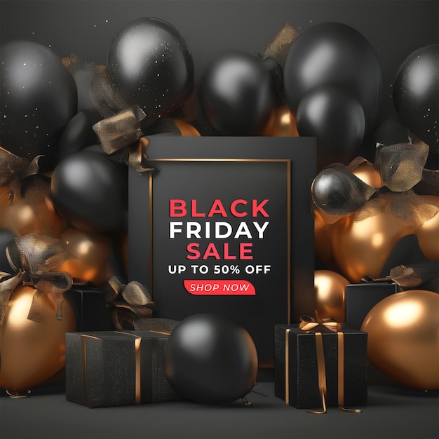 Black Friday Offer Social Media Instagram Post Banner con scatola regalo realistica e palloncini