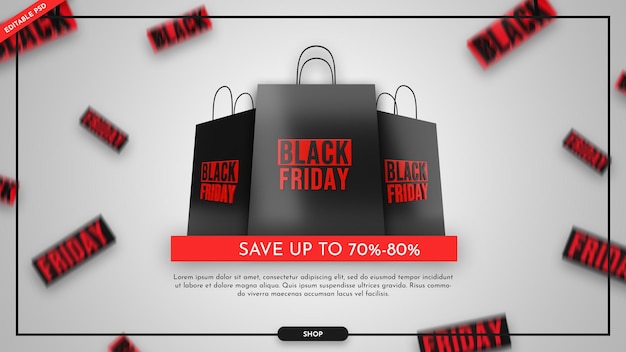 Black friday promo-banner mit 3d-einkaufstasche