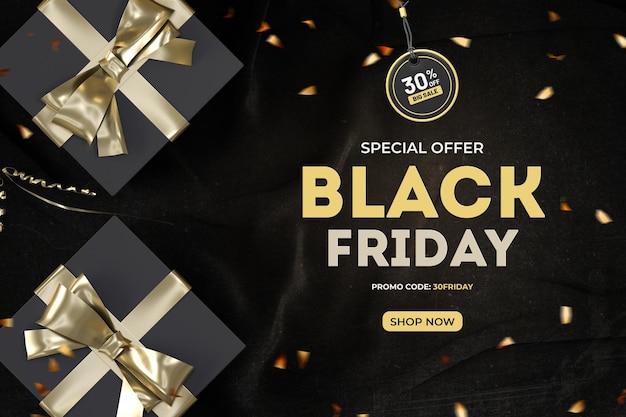 Black-Friday-Sale-Banner-Design-Vorlage mit realistischen goldenen Geschenkboxen