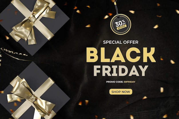 Black-friday-sale-banner-design-vorlage mit realistischen goldenen geschenkboxen