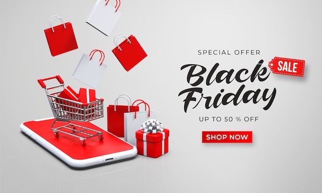 Black Friday Sale Banner Vorlage mit 3D-Einkaufswagen auf dem Smartphone
