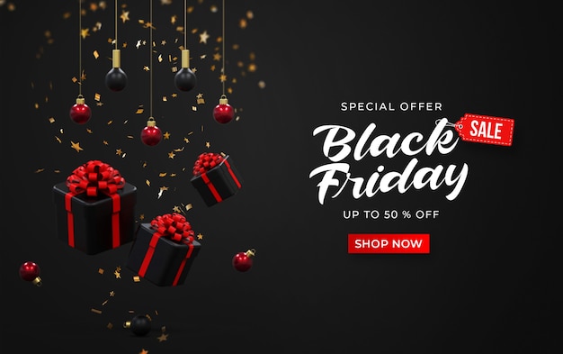 Black Friday Sale Banner Vorlage mit 3D-Geschenkboxen, Hängelampen und Konfetti