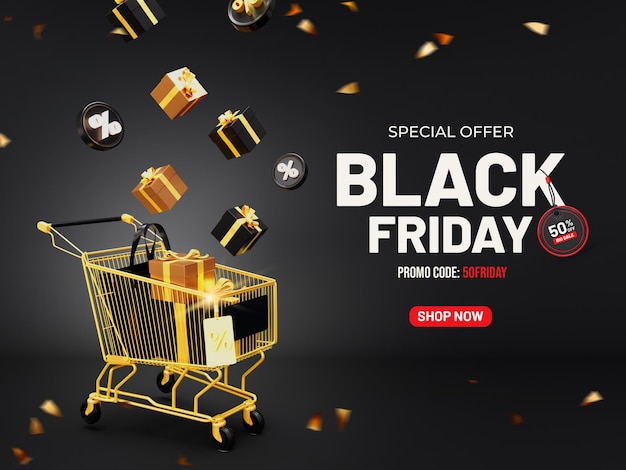 Black-Friday-Sale-Banner-Vorlage mit 3D-Geschenken schwebte in den Warenkorb