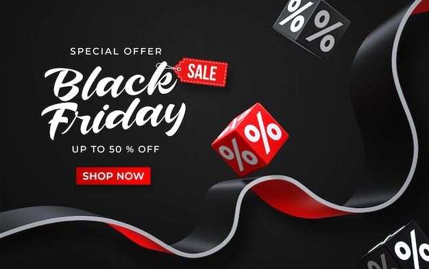 Black friday sale banner vorlage mit 3d schwarzen und roten würfeln mit prozenten