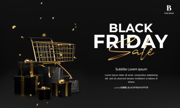 Black Friday Sale Coffrets cadeaux noirs réalistes Fond pour le rendu 3d du site Web d'en-tête d'affiche de bannière