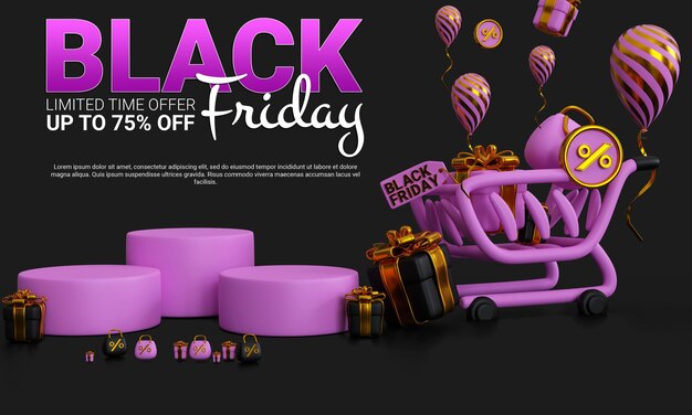 Black friday sale design 3d realista renderização conceito de marketing criativo