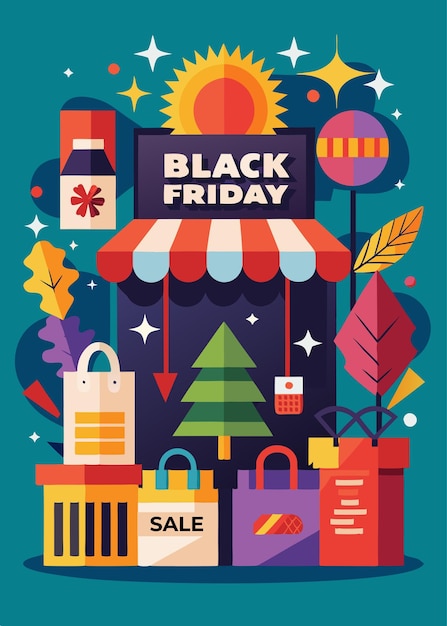 Black Friday Sale e balões fitas e caixa de presente Vector Flyer modelo