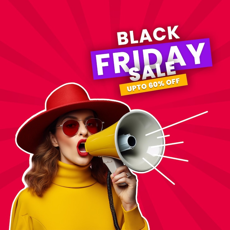 PSD black friday sale post design with a woman announcing discounts through megaphone