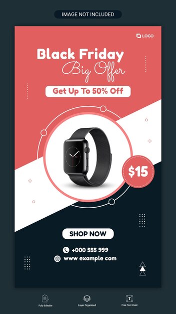 PSD black friday smartwatch sale publicación en redes sociales y diseño de plantilla de banner