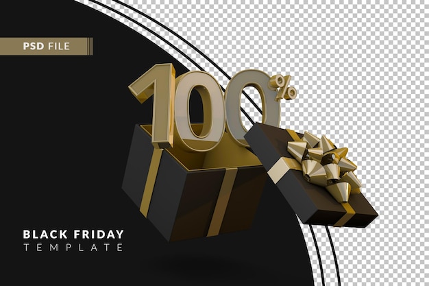 Black friday super sale mit 100 prozent goldnummer und schwarzer geschenkbox und goldband 3d-rendering