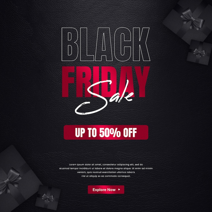 PSD black friday super venda modelo de bandeira de mídia social em tema vermelho com presentes e confeti