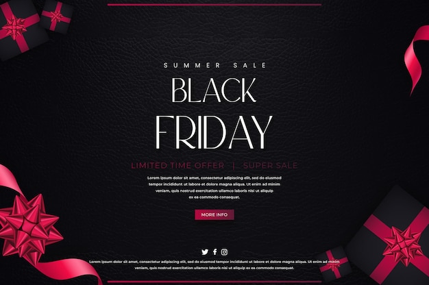 Black Friday super venta plantilla de banner de redes sociales en tema rojo con regalos y confeti