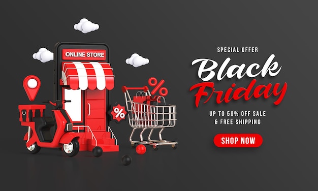 Black friday-verkaufsbanner mit shopping-store-konzept auf 3d-rendering für mobiltelefone