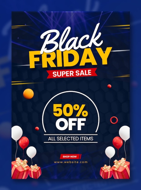 PSD black friday-verkaufsflyer-designvorlage mit realistischen luftballons und geschenkbox